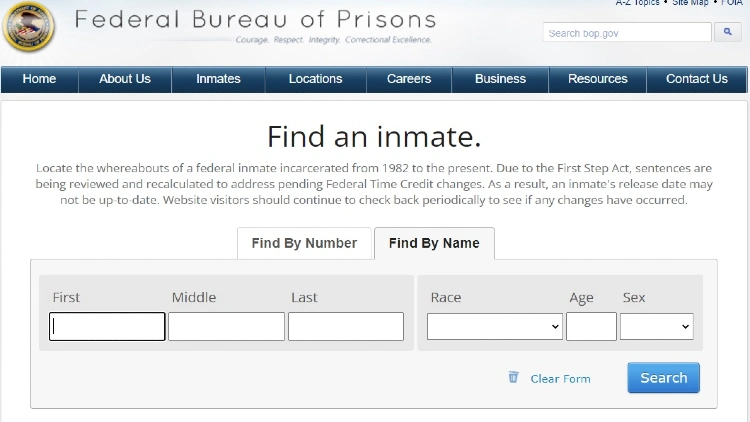 A screenshot of the Federal Bureau of Prisons' website showing the Find an Inmate page.