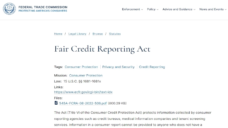 A screenshot of the Federal Trade Commission website showing the Fair Credit Reporting Act page.