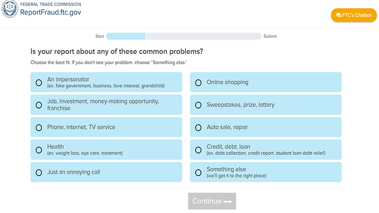 A screenshot from the official website of Federal Trade Commission's report fraud page showing a selection of common problems to report, and a greyed out continue button at the bottom.