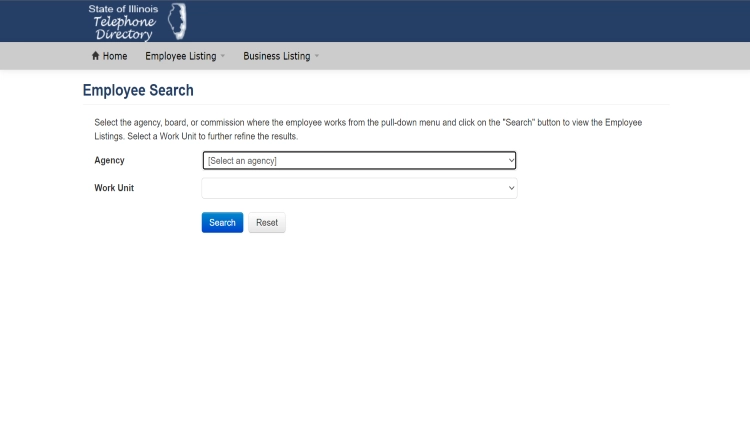Illinois Employee Search website, featuring a search form with input fields work unit, and agency, the website's logo appears in the top left corner, the search form is prominently displayed in the center of the page.