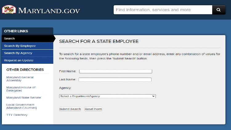 Maryland Employee Search website, featuring a search form with input fields for first name, last name, and agency, the website's logo appears in the top left corner.