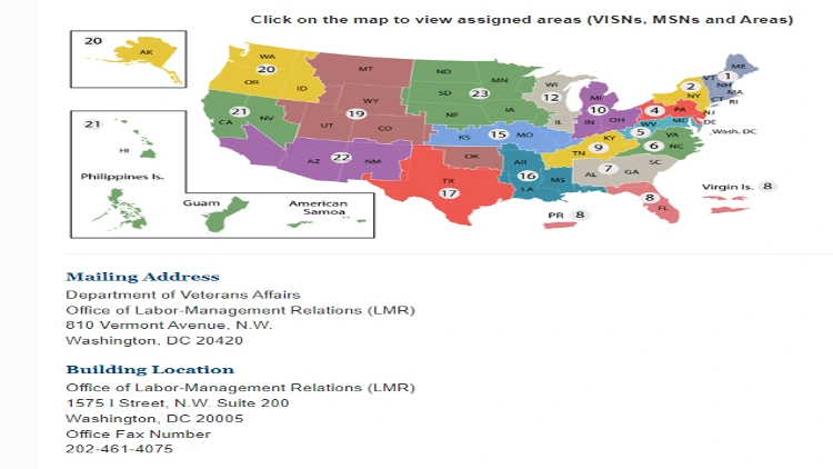 Map displaying the Office of Labor-Management Relations (LMR) locations across the United States, the map highlights the various regional offices of the LMR, with each office represented by a different color marker.