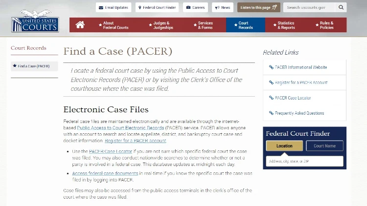 A screenshot of the United States Courts' website showing the PACER Find a case page