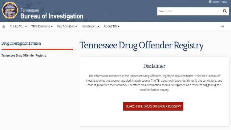 A screenshot of the Tennessee drug offenders registry page from the Bureau of Investigations' website.