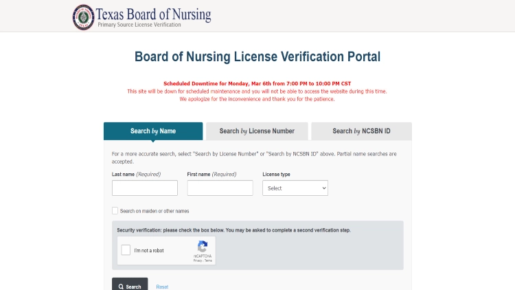 Texas Nursing License Verification Search website, featuring a search form with input fields for first name, last name, and license number. The website's logo appears in the top left corner, the search form is prominently displayed in the center of the page with a search button below the input fields.