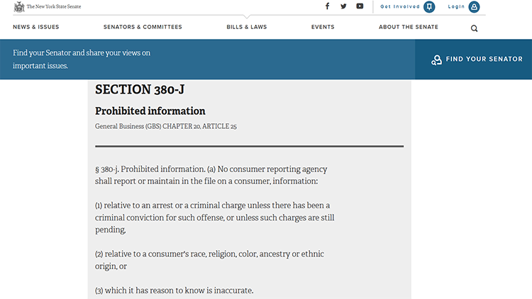 A screenshot from the official website of the New York State Senate's bill and laws page showing details of section 380-j about prohibited information.