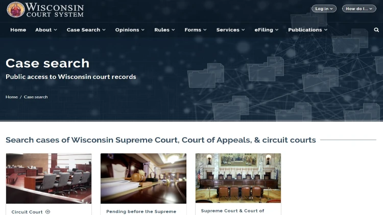 A screenshot of the Wisconsin Court System's website showing the case search for public access to Wisconsin court records.
