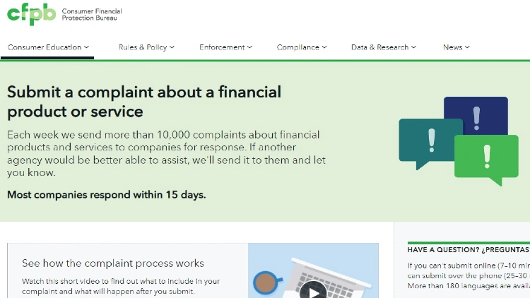 A screenshot of the Consumer Financial Protection Bureau website shows the page where you can submit a complaint about a financial product or service.