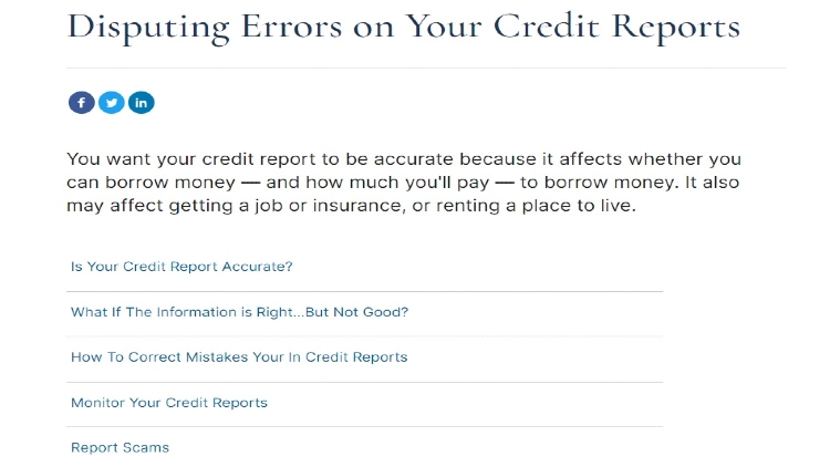 A screenshot of the Federal Trade Commission's Consumer Advice website showing the Disputing Errors on Your Credit Reports' page