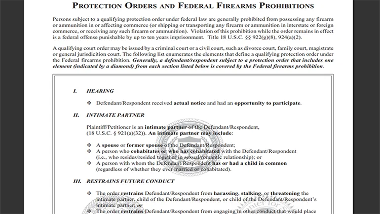 A screenshot from the ATF website showing the protection orders and federal firearms prohibitions form.