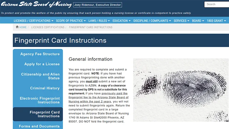 A screenshot from the Arizona state board of nursing website showing the fingerprint card instructions page.