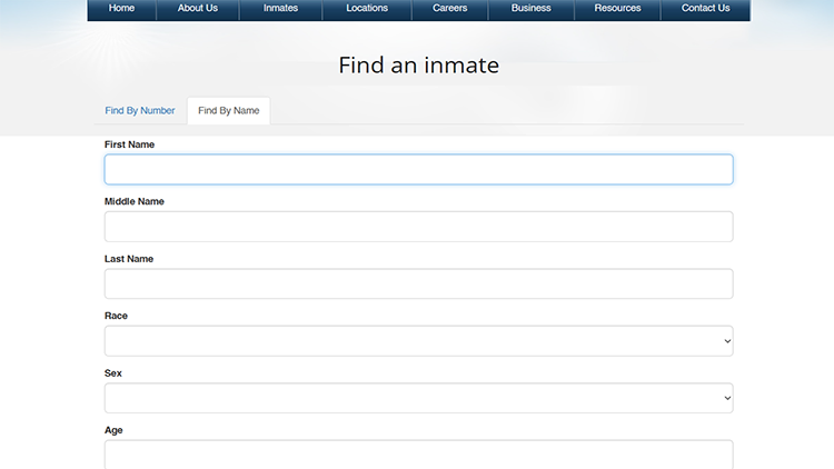 A screenshot from the Bureau of Prisons website's find an inmate page showing empty find by name fields.