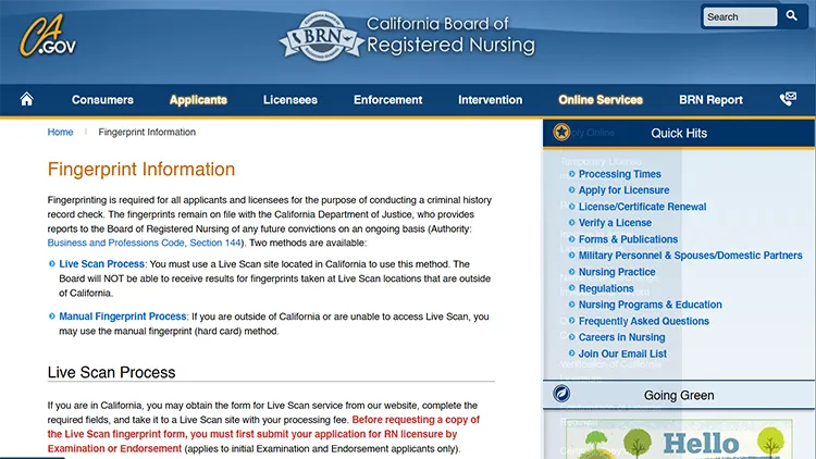 A screenshot from the California board of registered nursing website's fingerprint information page showing the live scan process information.