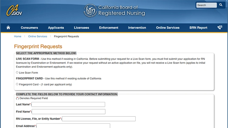 A screenshot from the California board of registered nursing fingerprint requests page showing empty fields for contact information.