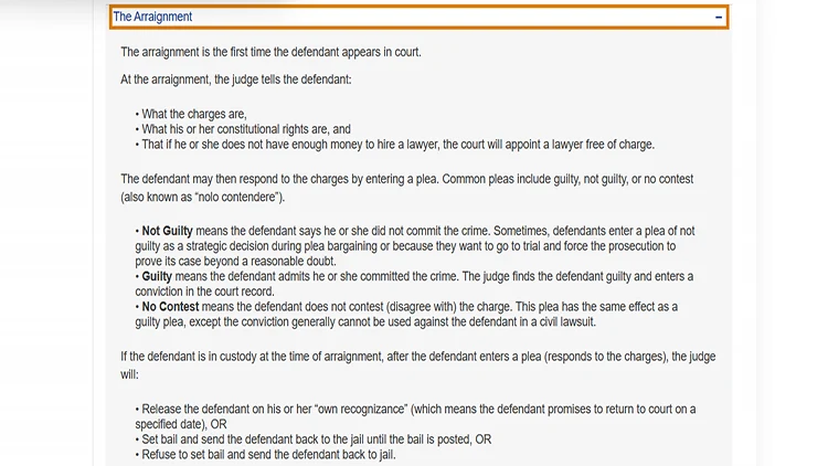 A screenshot from the California Courts website showing the how criminal cases work page's the arraignment section.