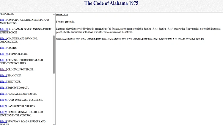 A screenshot from the Code of Alabama website showing section 15-3-1.