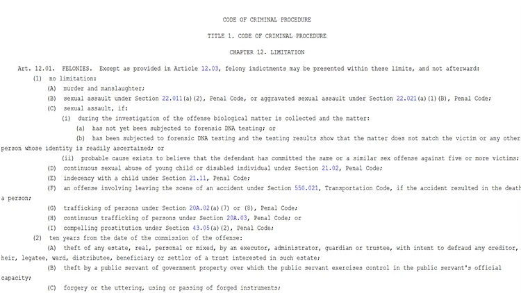 A screenshot from the Texas statute showing the code of criminal procedure articles.