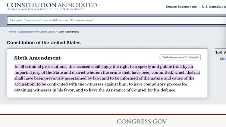 A screenshot from th eConstitution Annotated website showing the constitution of the United States sixth amendment.