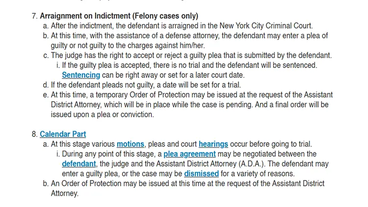 A screenshot from the NYPD criminal justice process showing the arraignment and calendar part section.