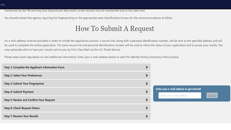 A screenshot from the FBI electronic department order website's identity history summary checks page showing the steps on how to submit a request section.