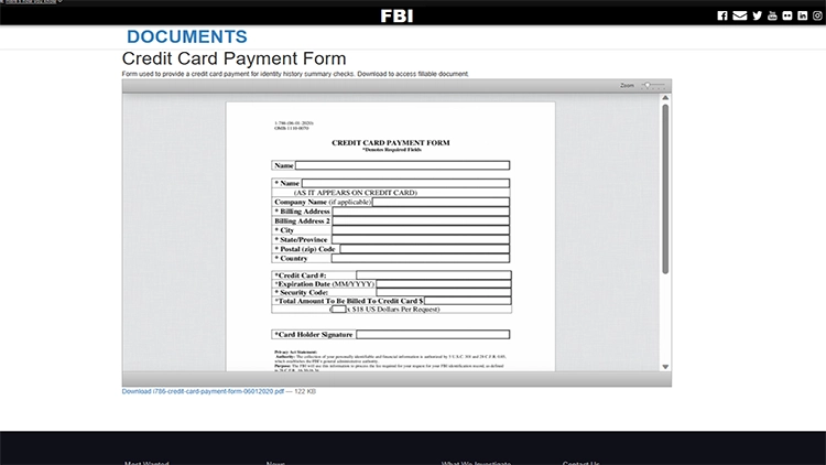 A screenshot from the official website of the FBI showing the credit card payment form downloadable pdf page.