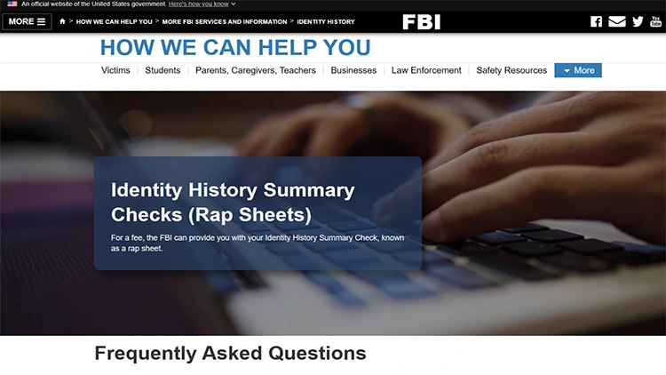 A screenshot from the official website of the FBI showing the identity history summary checks rap sheets page.