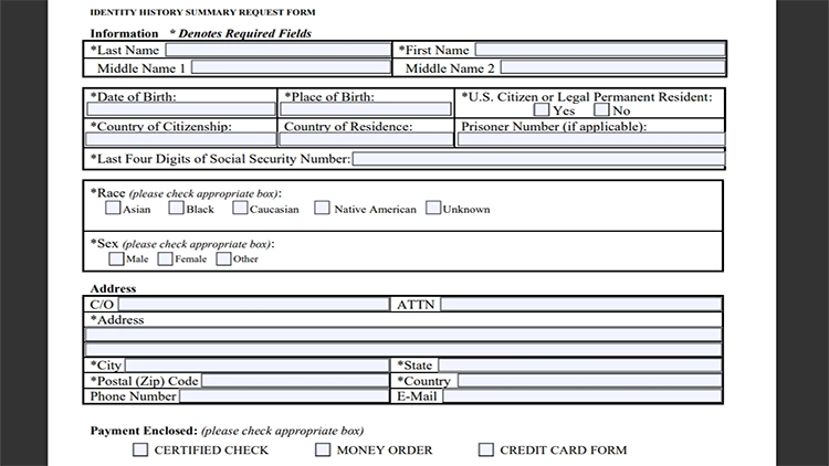 A screenshot from the FBI website showing the identity history summary request form.