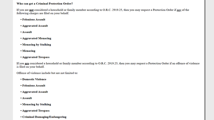 A screenshot from the Columbus City Attorney's Office website showing the guide to protection orders page.