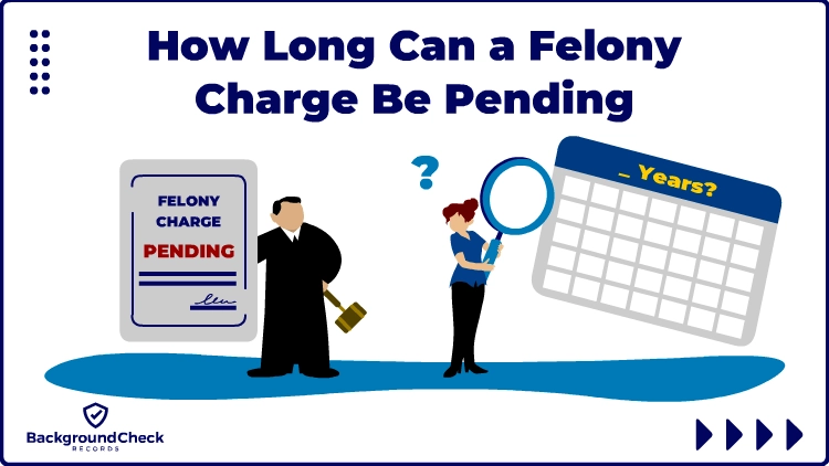 A male judge wearing a black robe is holding a document while looking at a woman that's wearing a blue shirt, black pants and shoes who is curious how long a felony charge can be pending as she holds a magnifying glass with both hands that's pointing at a calendar.