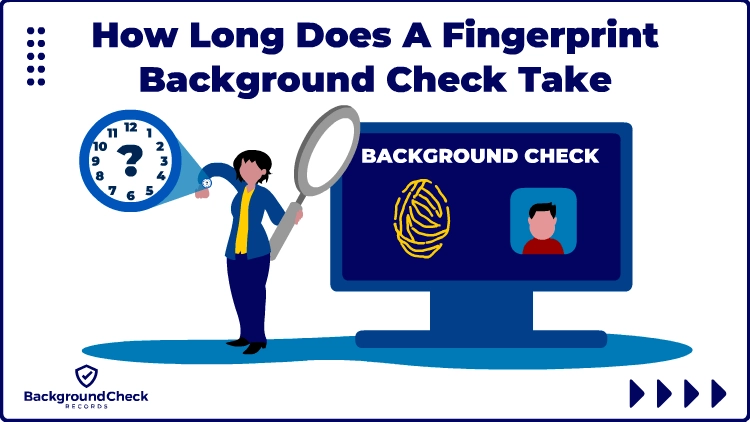 A woman wearing a blue blazer with yellow undershirt, blue pants and black shoes is wondering how long does a fingerprint background check take while looking at her watch on the right hand and in her left hand is a magnifying glass that is directed at a monitor with a fingerprint on it.