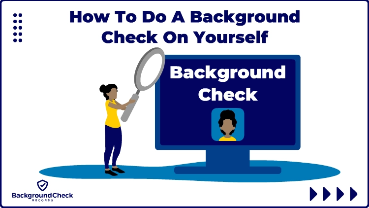 A tan woman wearing a yellow t-shirt, blue pants and black shoes is holding a magnifying glass with both hands directing at a screen monitor to find out how to do a background check on herself through official means.
