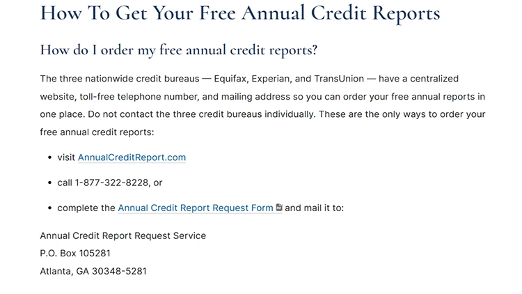 A screenshot from the Federal Trade Commission consumer advice website showing the how to get your free annual credit reports section.