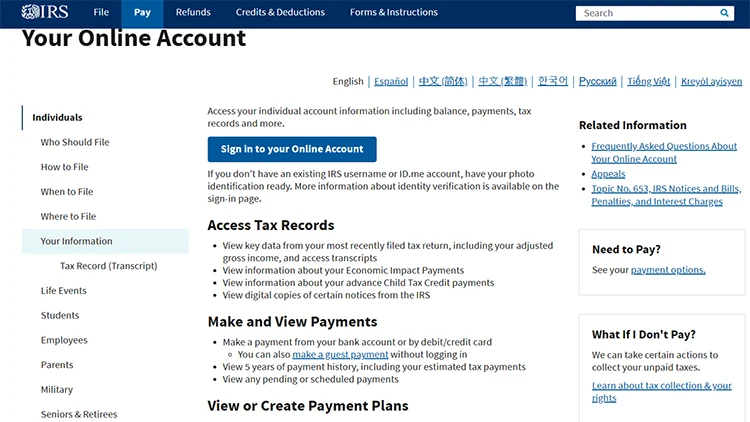 A screenshot from the IRS website showing the your online account page,