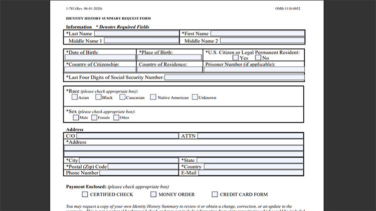 A screenshot of an identity history summary request form showing empty fields.