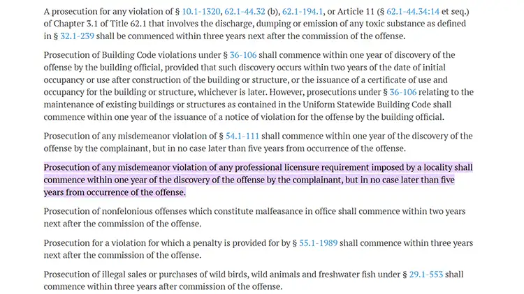 A screenshot from the Virginia law showing the limitation of prosecution section.