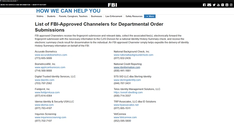 A screenshot from the official website of the FBI showing the list of FBI approved channelers for departmental order submissions page.