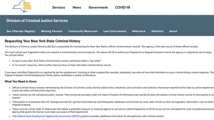 A screenshot from the New York state website showing the division of criminal justice service page.