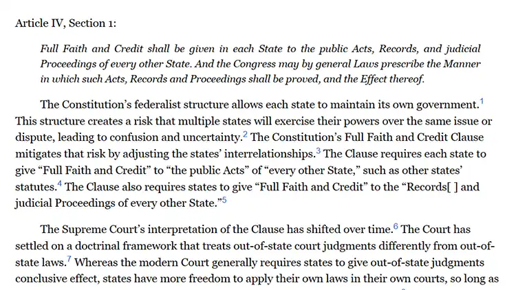 A screenshot from the constitution annotated website showing the overview of full faith and credit clause article section.