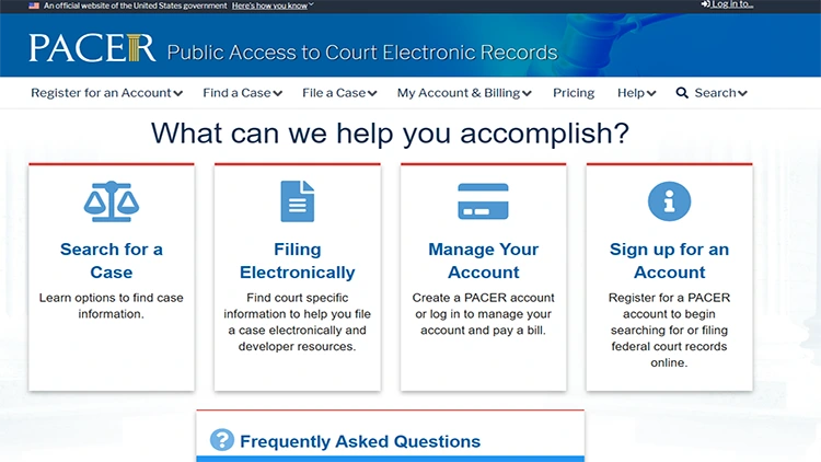 A screenshot from the official website of the US Public Access to court electronic records homepage.
