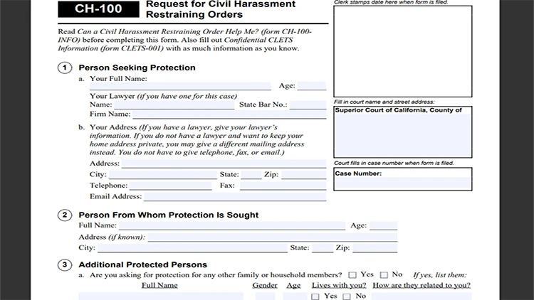 A screenshot from the California courts website showing the request for civil harassment restraining orders form screenshot.