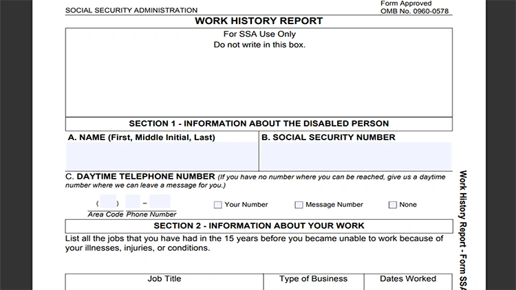 A screenshot from the Social Security Admission website showing the work history report form.