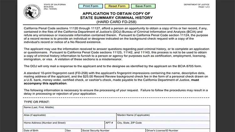 A screenshot from the state of California department of justice website showing the application to obtain a copy of state summary criminal history form.