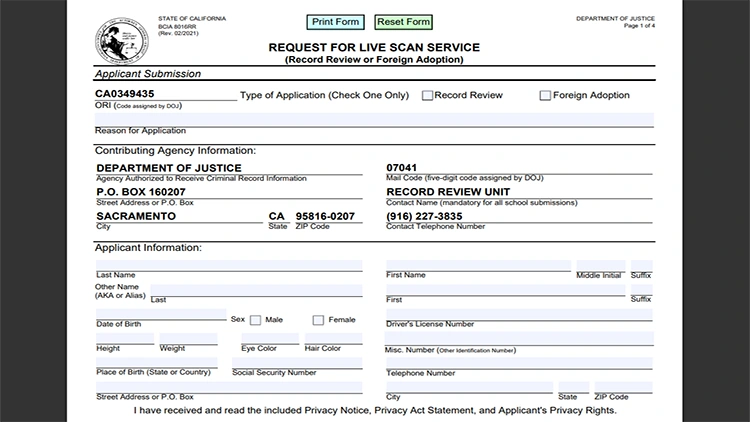 A screenshot from the state of California department of justice website showing the request for live scan service form