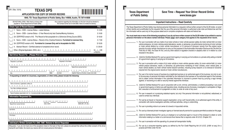 A screenshot from the Texas Department of Public Safety website showing the application for copy of driver record form.