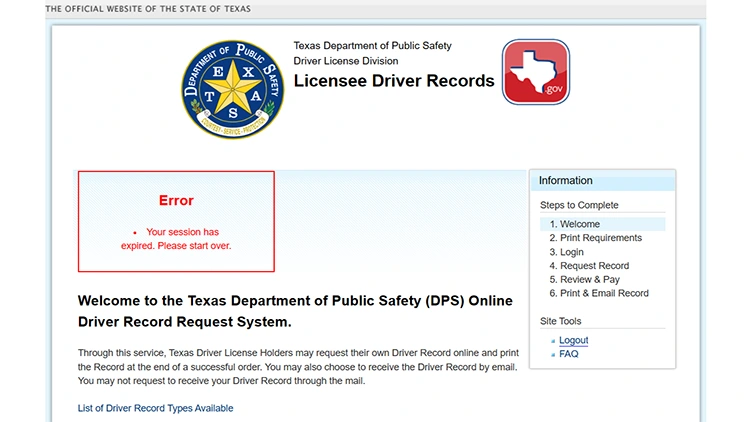 A screenshot from the Texas DPS website showing the licensee driver records page.