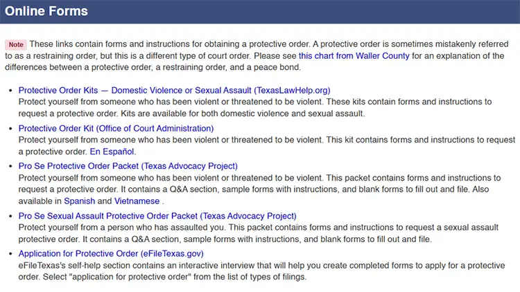 A screenshot from the Texas state law library website showing the protective orders page's online forms.