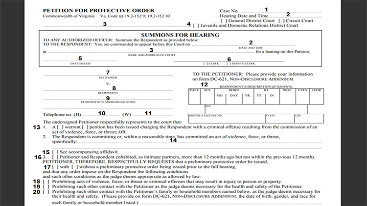 A screenshot from the official website for Virginia's judicial system showing the petition for protective order form.