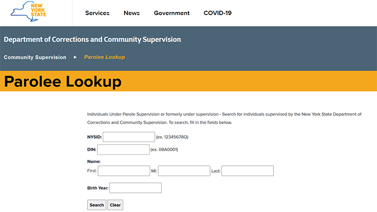 A screenshot from the New York state department of corrections and community supervision website showing the parolee lookup page.