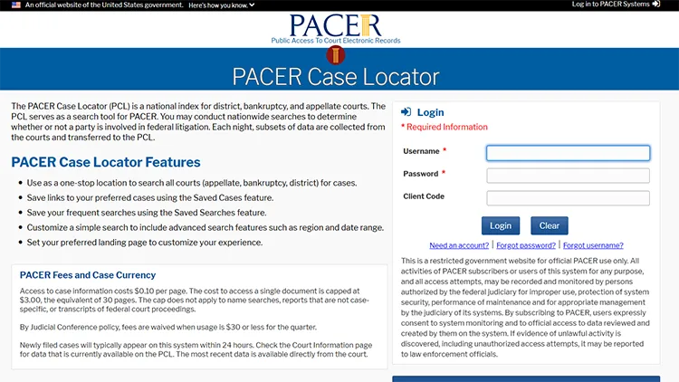 This screenshot shows the parolee lookup page on the PACER Public Access to Court Electronic Records website, featuring a form for searching for information on parolees, as well as links to additional resources.