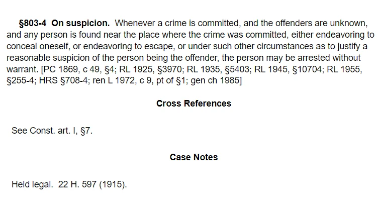 A screenshot showing Hawai'i Statutes Volume 14, Chapter 701-0853, Section 803-4 titled "On suspicion."